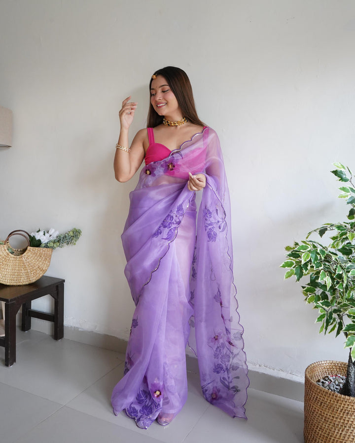 Light Lavender Soft Pure Organza Handwork With Digital Print Saree - PAHRAVA