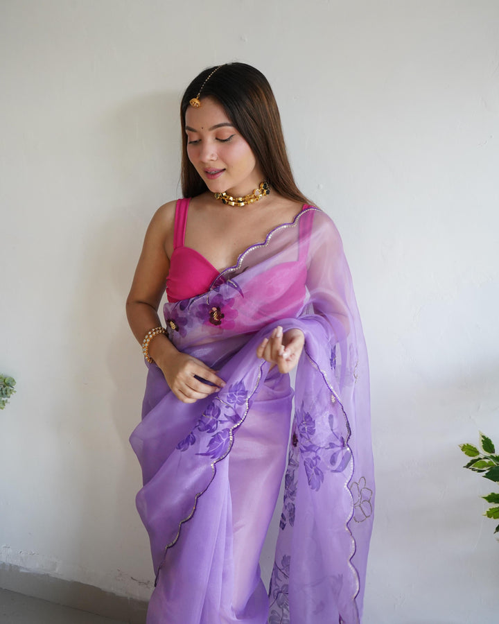 Light Lavender Soft Pure Organza Handwork With Digital Print Saree - PAHRAVA