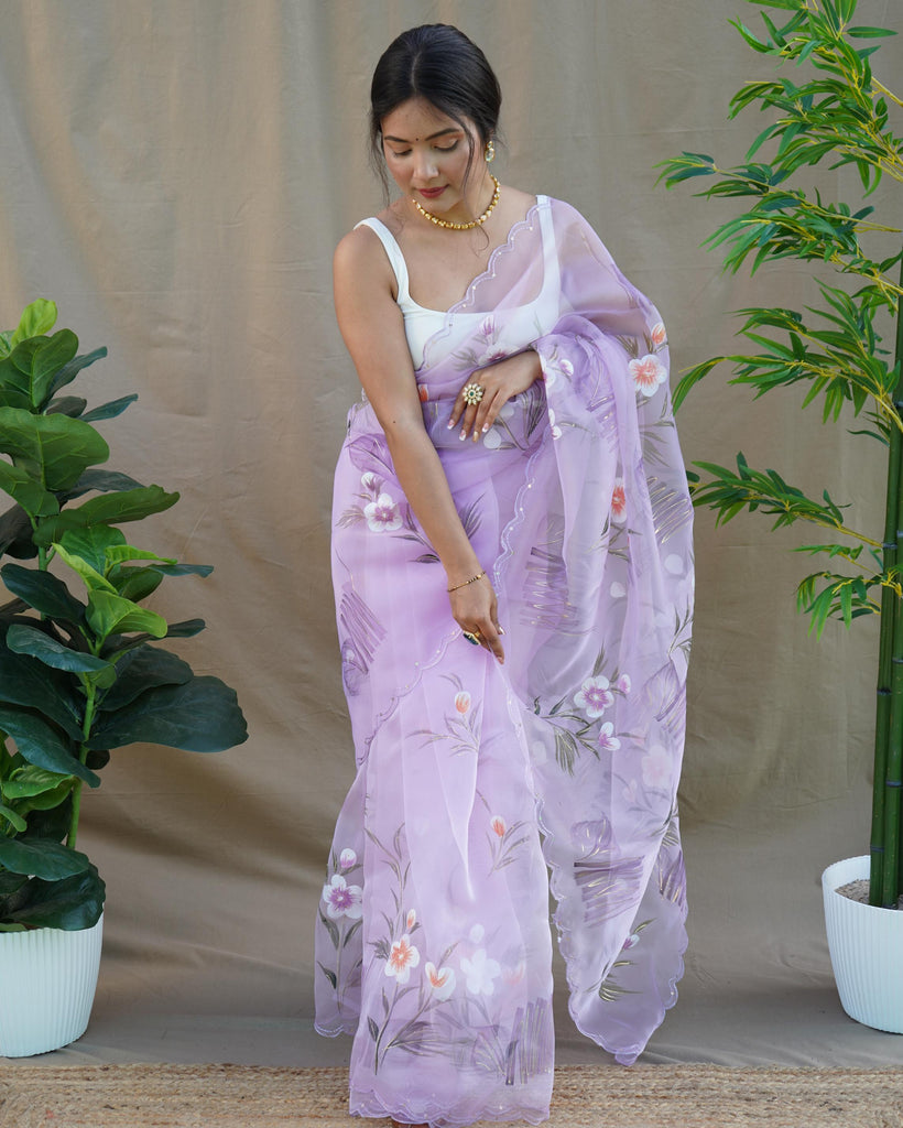 Light Purple Organza Silk With Hand Printed Saree - PAHRAVA