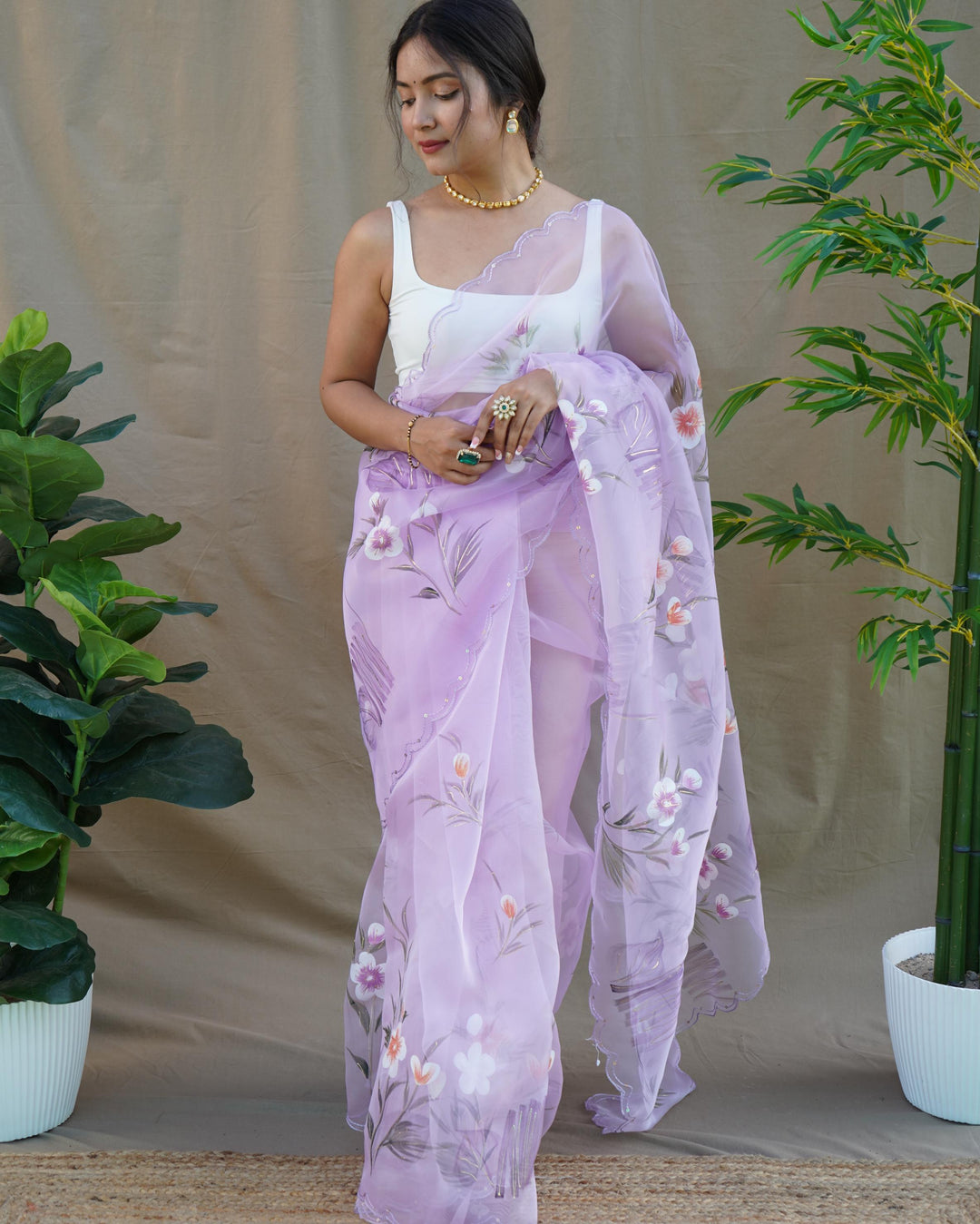 Light Purple Organza Silk With Hand Printed Saree - PAHRAVA