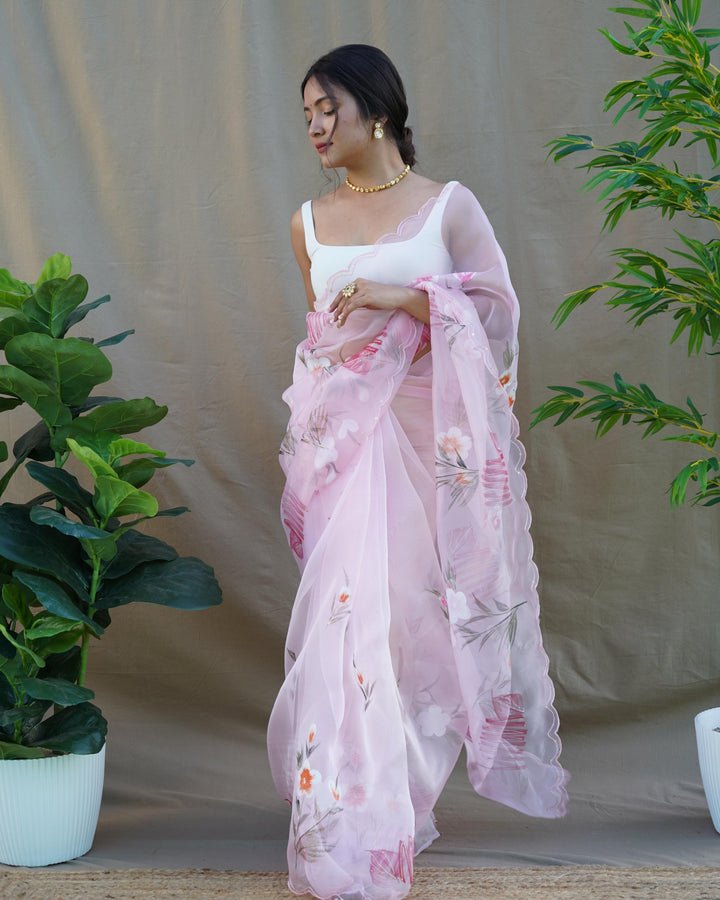 Light Pink Organza Silk With Hand Printed Saree - PAHRAVA