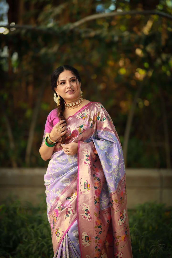 Soft Lavender Paithani And Patola Silk Saree - PAHRAVA