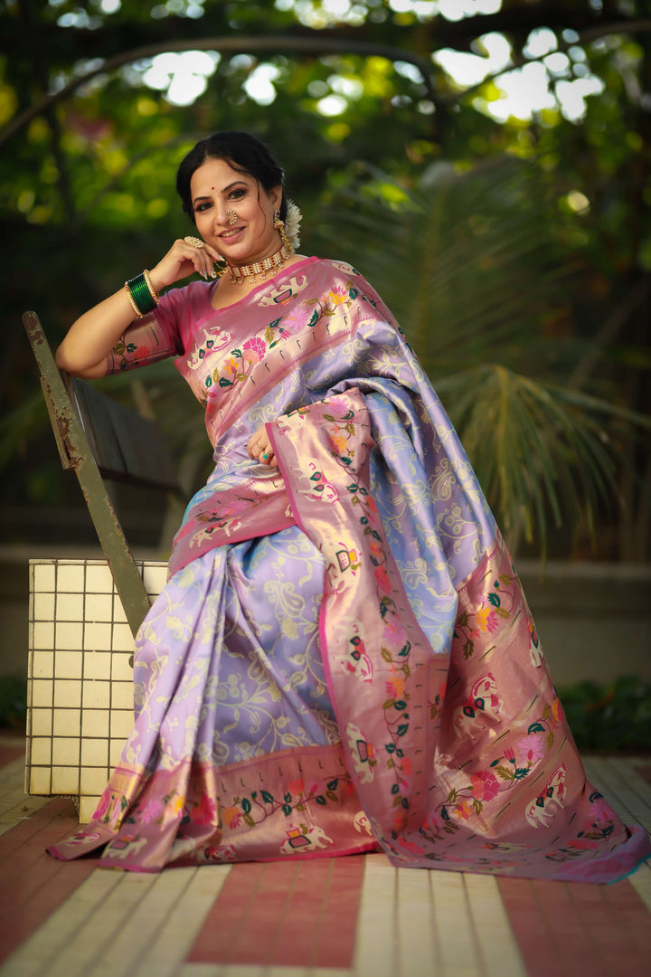 Soft Lavender Paithani And Patola Silk Saree - PAHRAVA