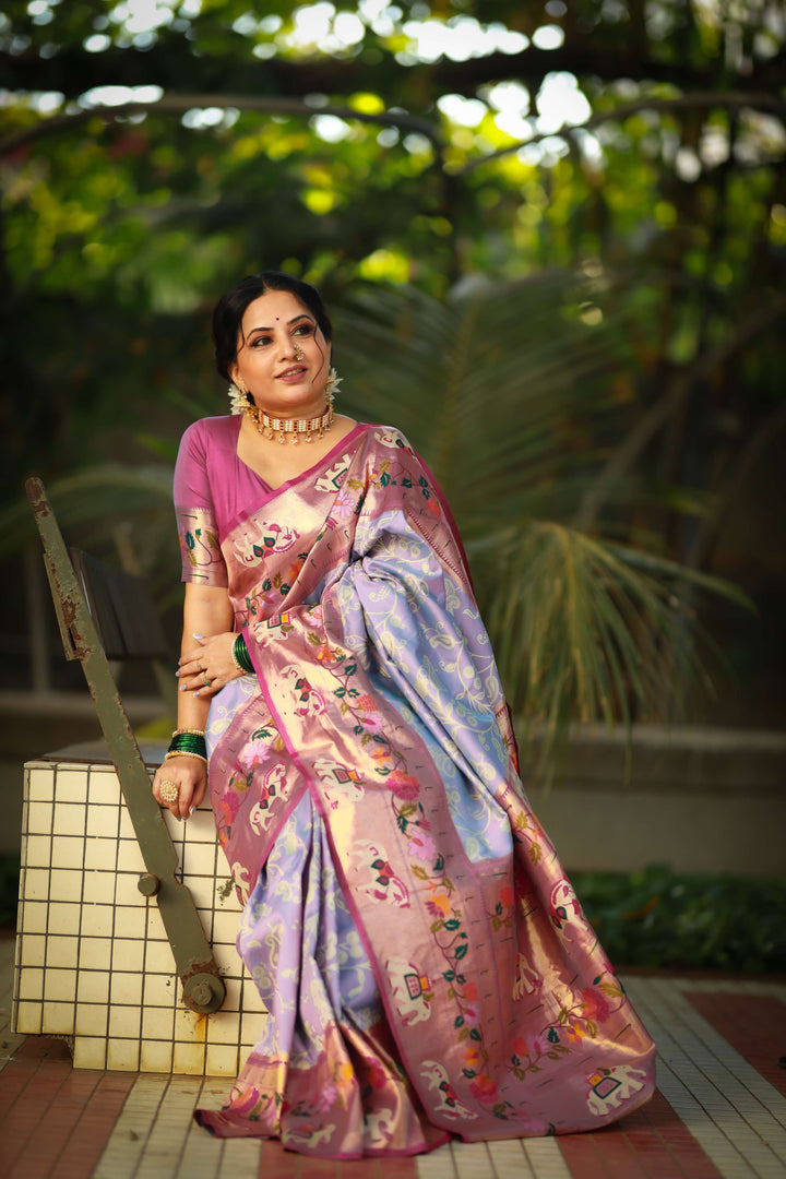 Soft Lavender Paithani And Patola Silk Saree - PAHRAVA