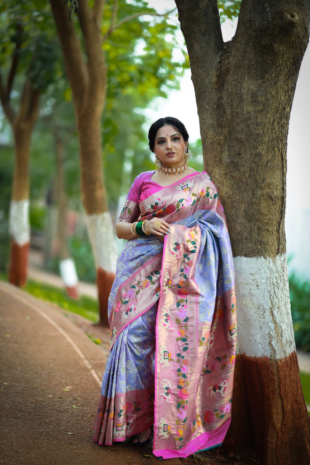 Soft Lavender Paithani And Patola Silk Saree - PAHRAVA