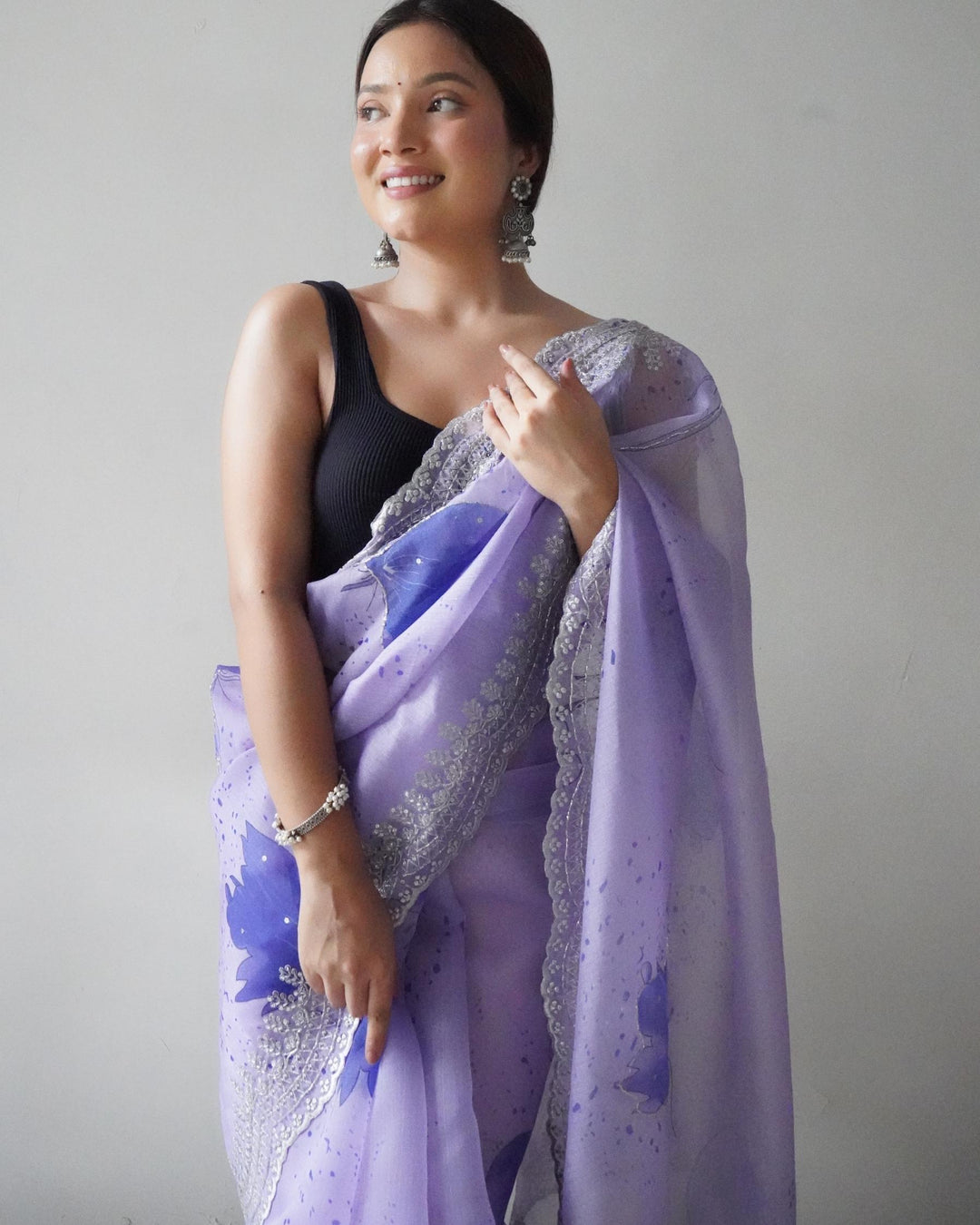 Light Lavender Pure Khadi Organza Silk Saree With Orignal Digital Print With  Pure  Cutwork Border With Fully Handwork Sequence Work - PAHRAVA