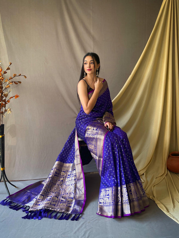 Royal blue soft silk saree with silver and gold checks - PAHRAVA