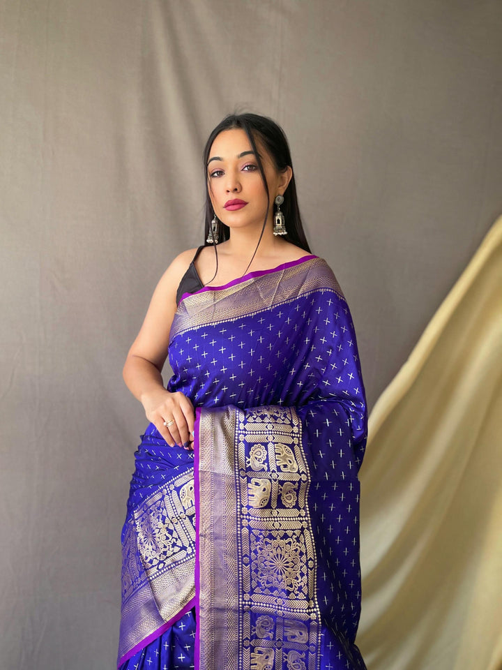 Royal blue soft silk saree with silver and gold checks - PAHRAVA