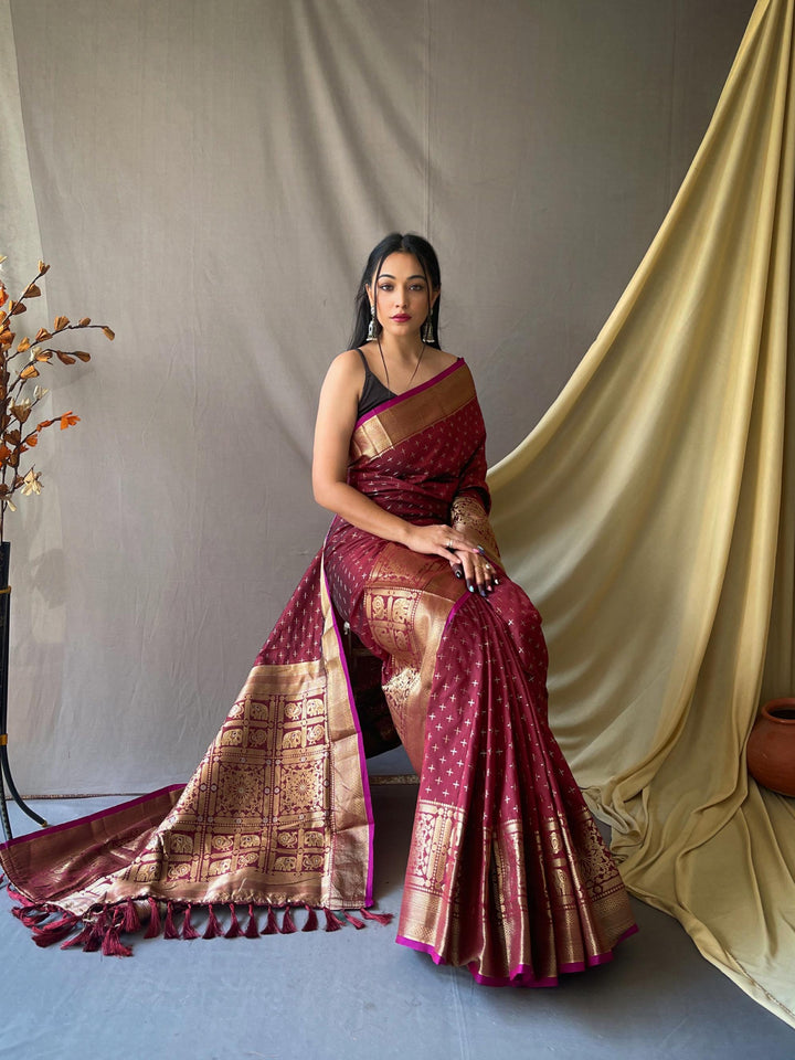 Deep lavender soft silk saree with silver and gold checks - PAHRAVA