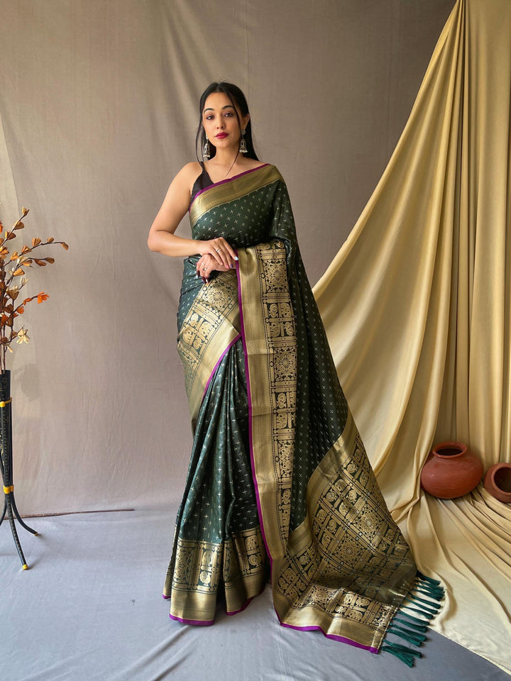 Leafy green soft silk saree with silver and gold checks - PAHRAVA