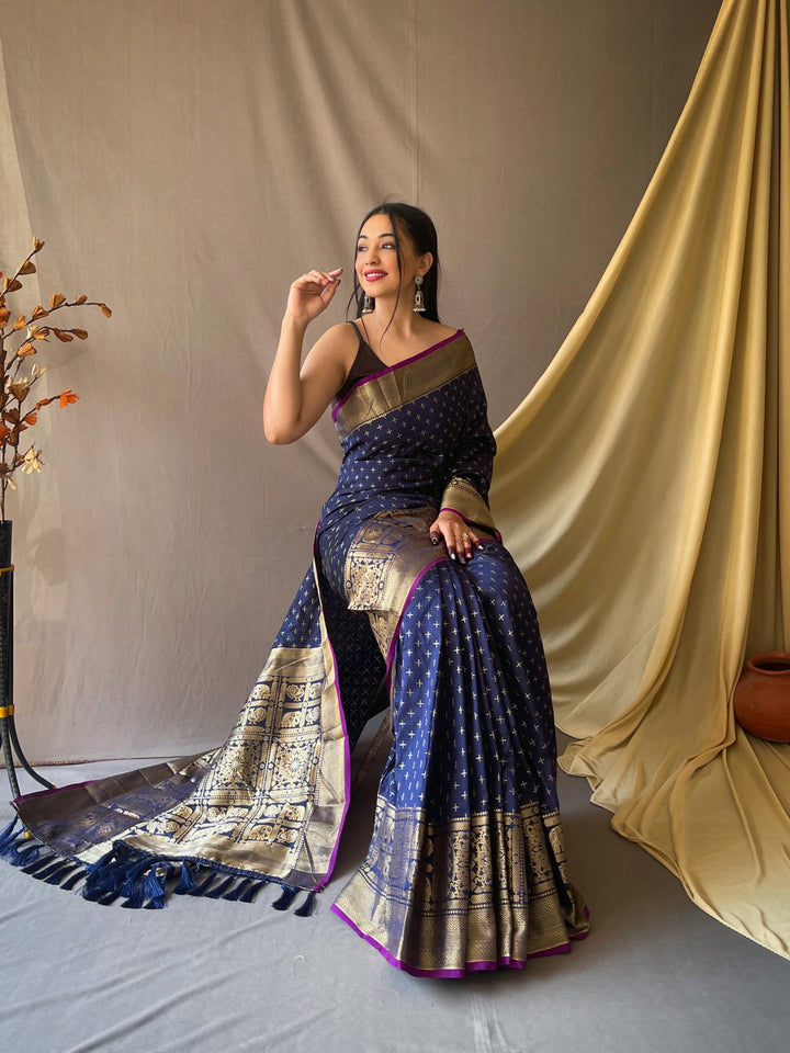 Teal blue soft silk saree with silver and gold checks - PAHRAVA