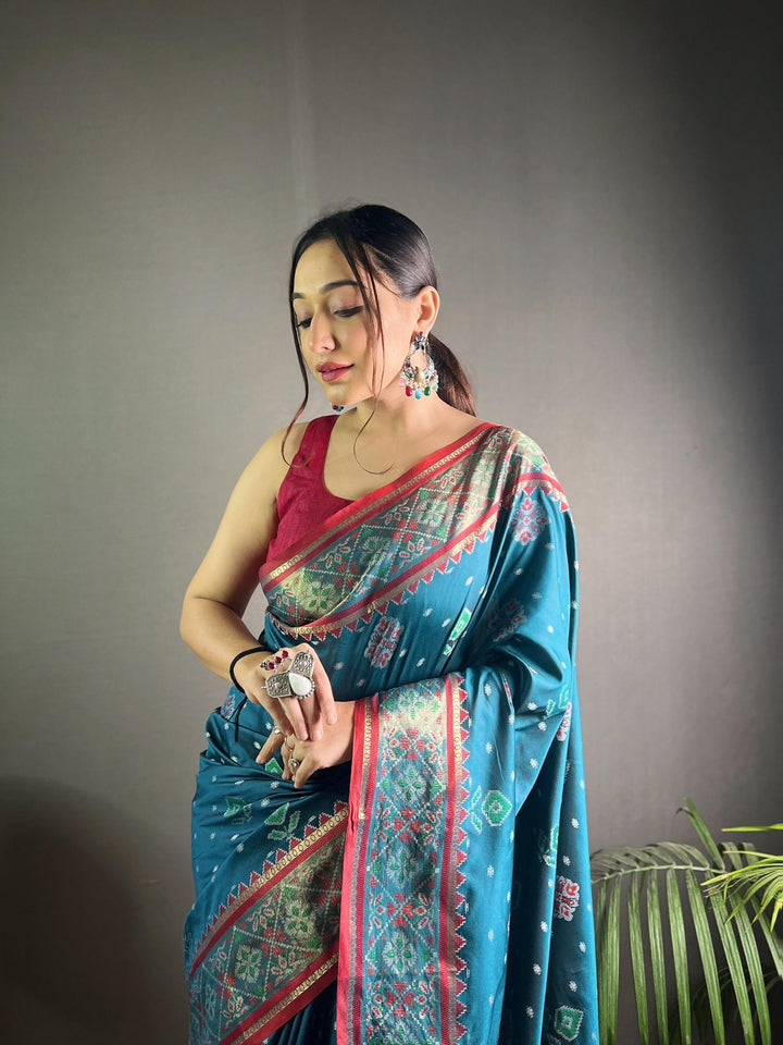 Teal Blue Soft Rangeen Patola Silk Saree - PAHRAVA