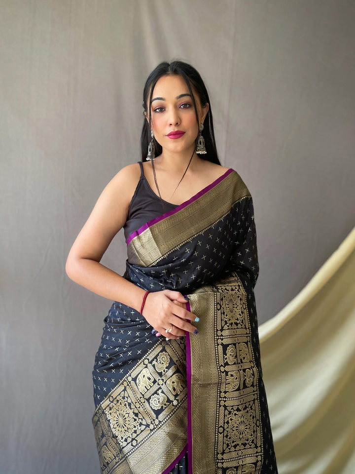 Deep grey soft silk saree with silver and gold checks - PAHRAVA