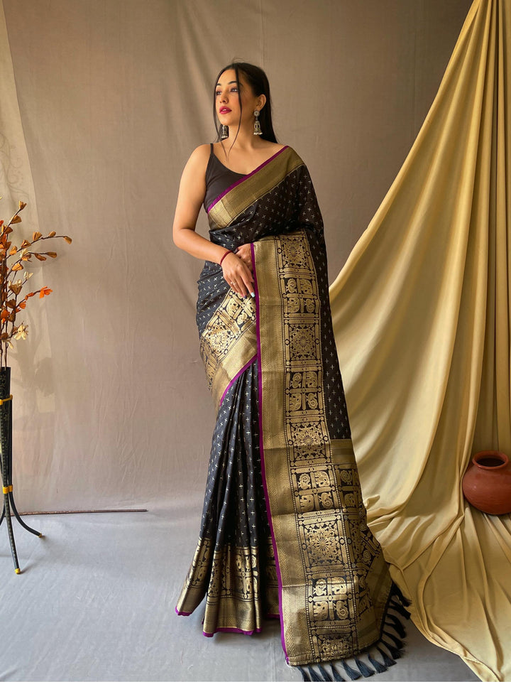 Deep grey soft silk saree with silver and gold checks - PAHRAVA