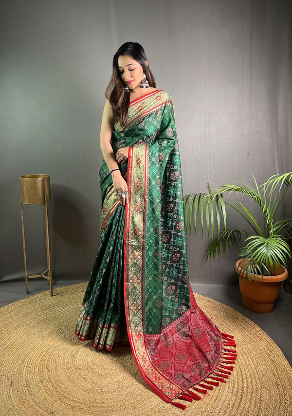 Antique Green Soft Rangeen Patola Silk Saree - PAHRAVA