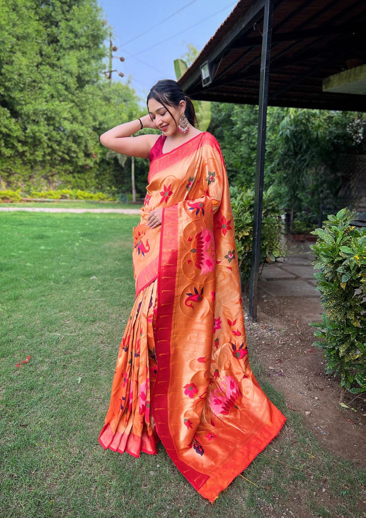 Tangy Orange Exquisite Paithani Silk Saree - PAHRAVA