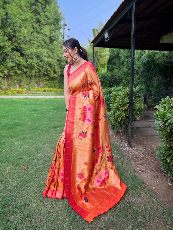 Tangy Orange Exquisite Paithani Silk Saree - PAHRAVA