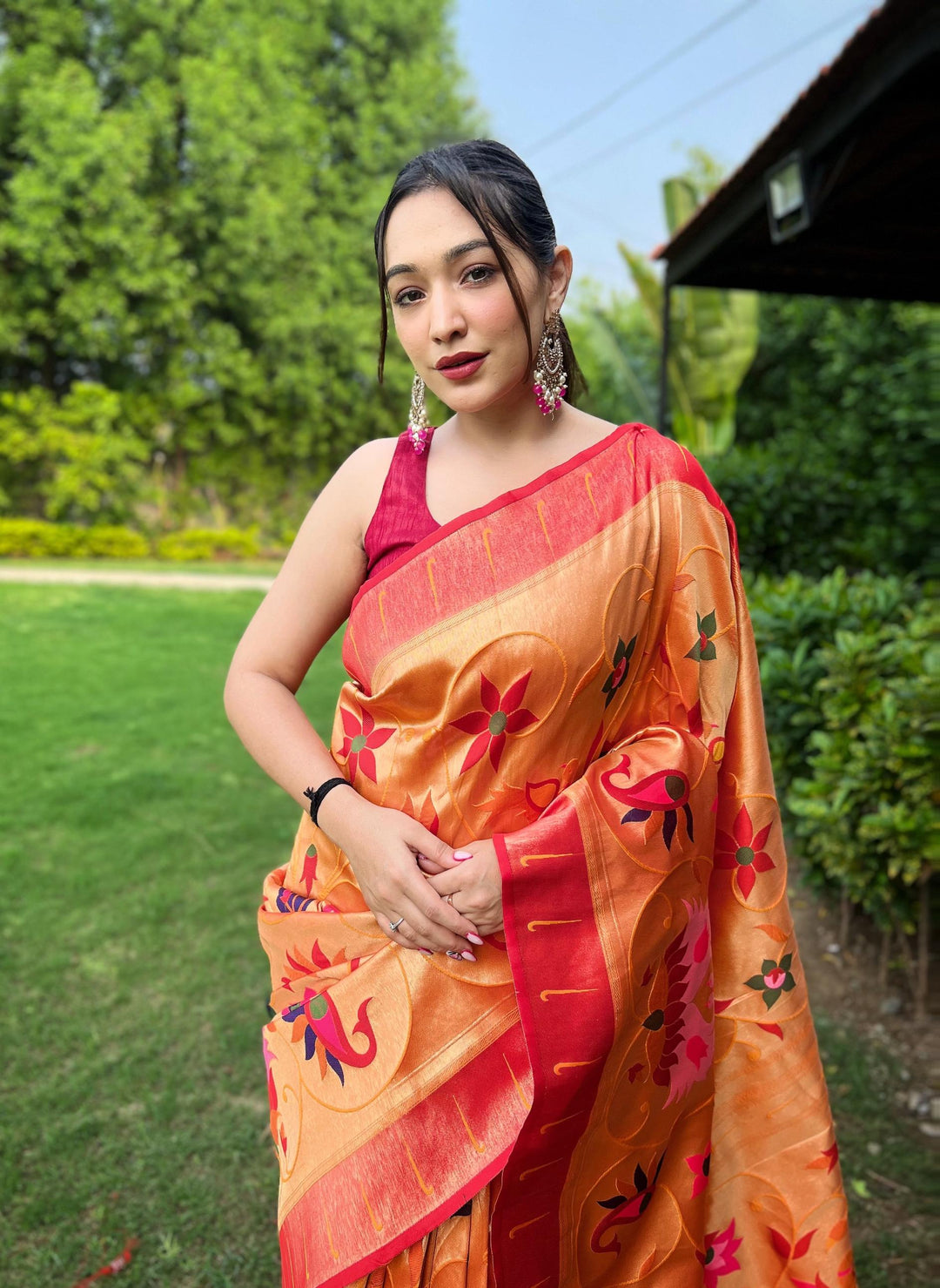 Tangy Orange Exquisite Paithani Silk Saree - PAHRAVA