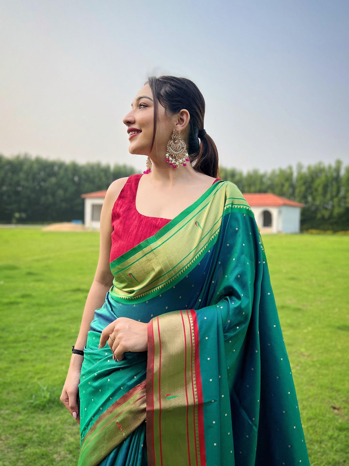 Teal Blue Ganga Jamuna Fusion Paithani Silk Saree - PAHRAVA