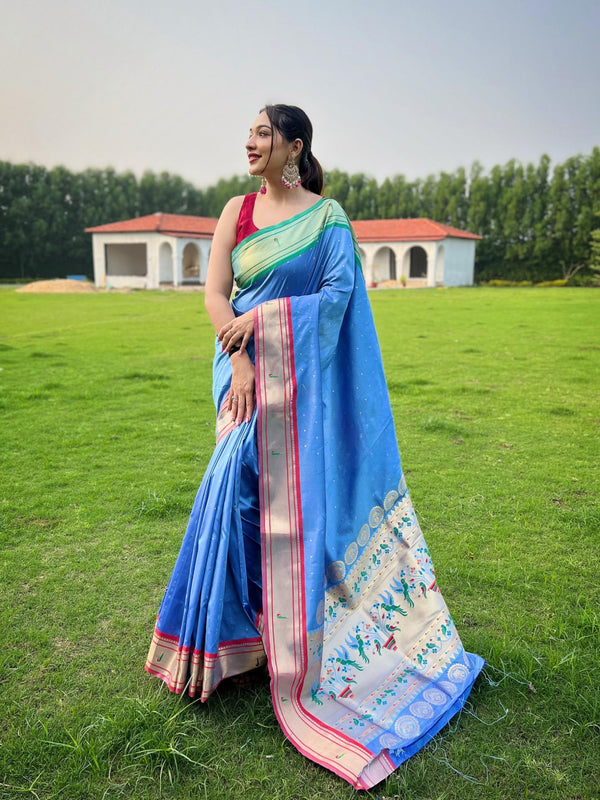 Light Blue Ganga Jamuna Fusion Paithani Silk Saree - PAHRAVA