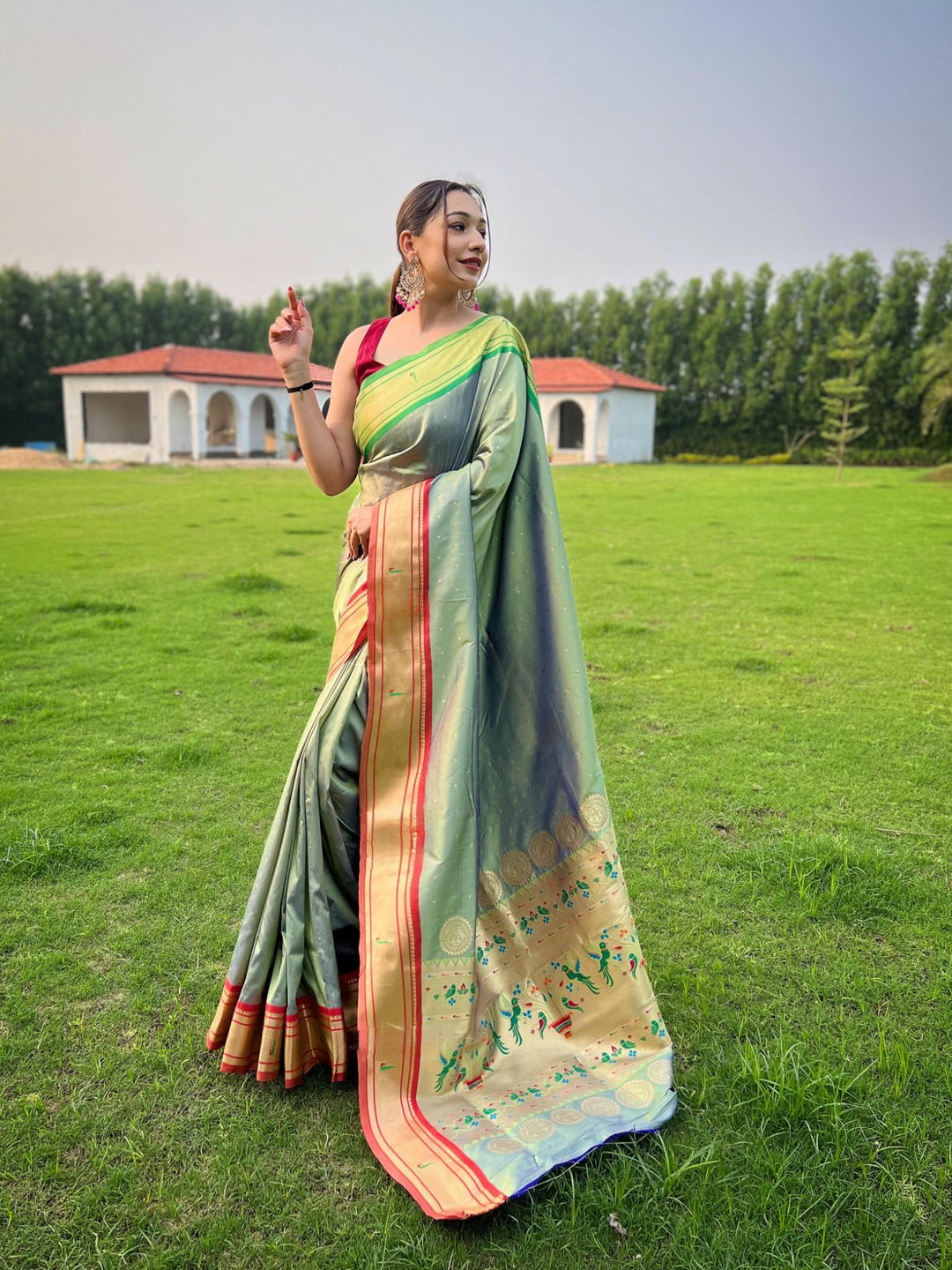 Greenish Grey Ganga Jamuna Fusion Paithani Silk Saree - PAHRAVA