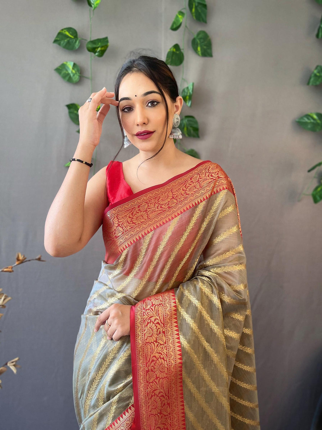 Golden Grey Woven Organza Lehriya Saree - PAHRAVA