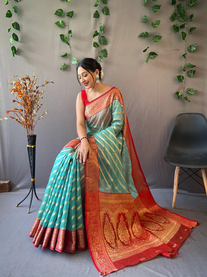 Golden Blue Woven Organza Lehriya Saree - PAHRAVA