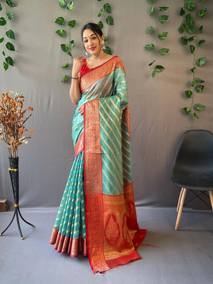 Golden Blue Woven Organza Lehriya Saree - PAHRAVA