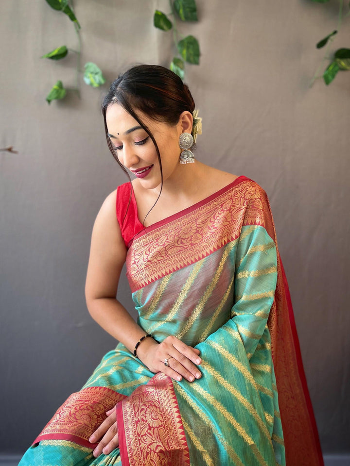 Golden Blue Woven Organza Lehriya Saree - PAHRAVA