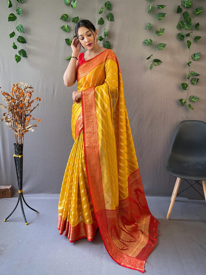 Bright Yellow Woven Organza Lehriya Saree - PAHRAVA