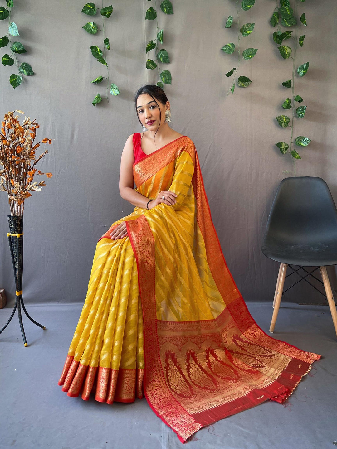 Bright Yellow Woven Organza Lehriya Saree - PAHRAVA