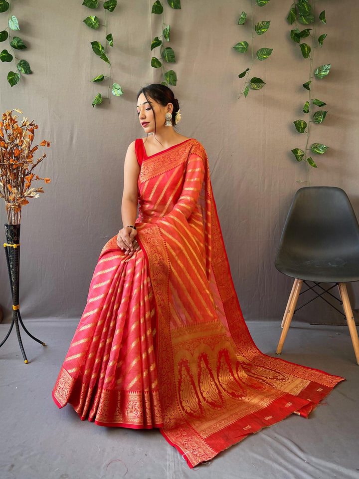 Dark Peach Woven Organza Lehriya Saree - PAHRAVA