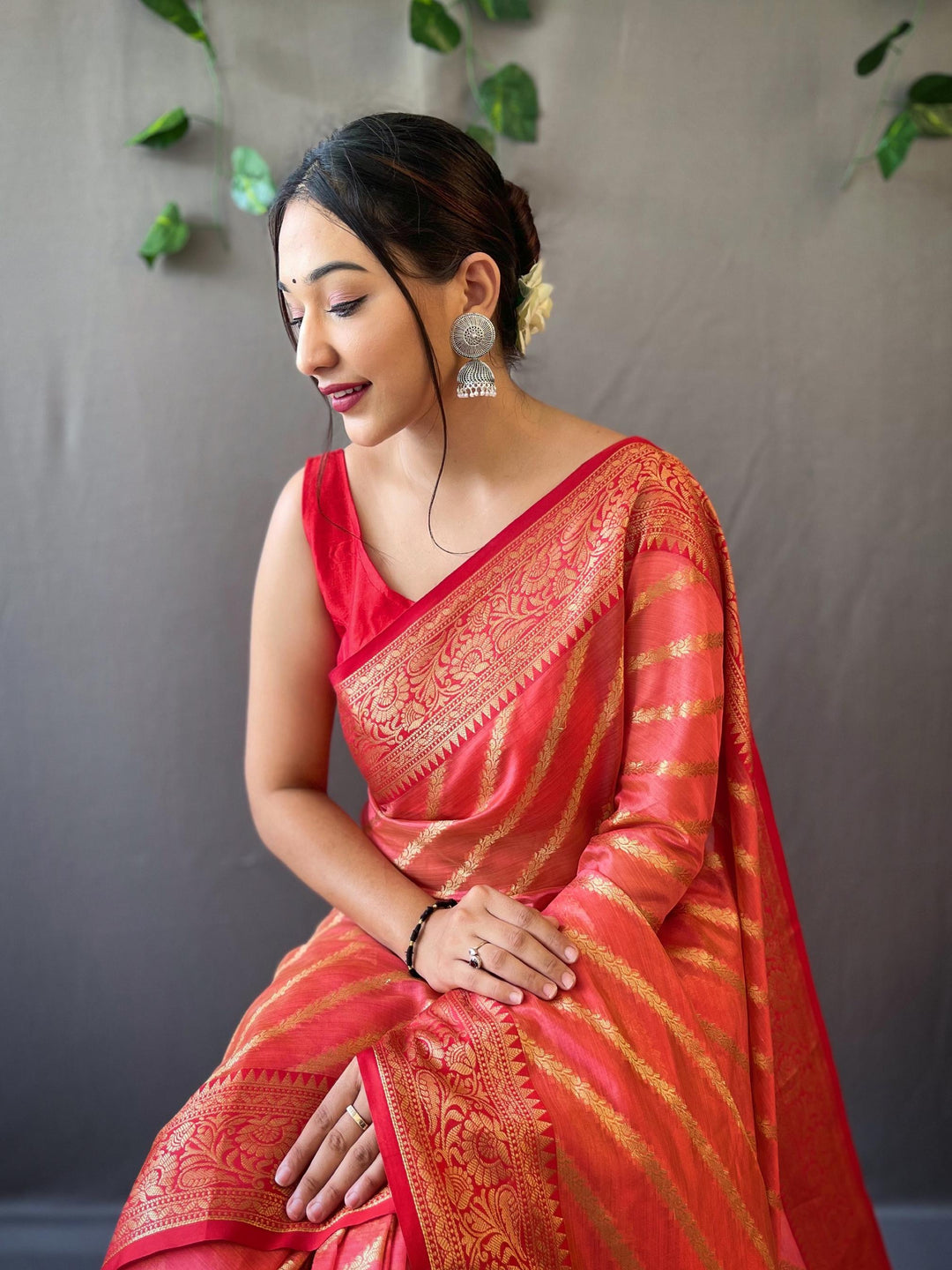 Dark Peach Woven Organza Lehriya Saree - PAHRAVA