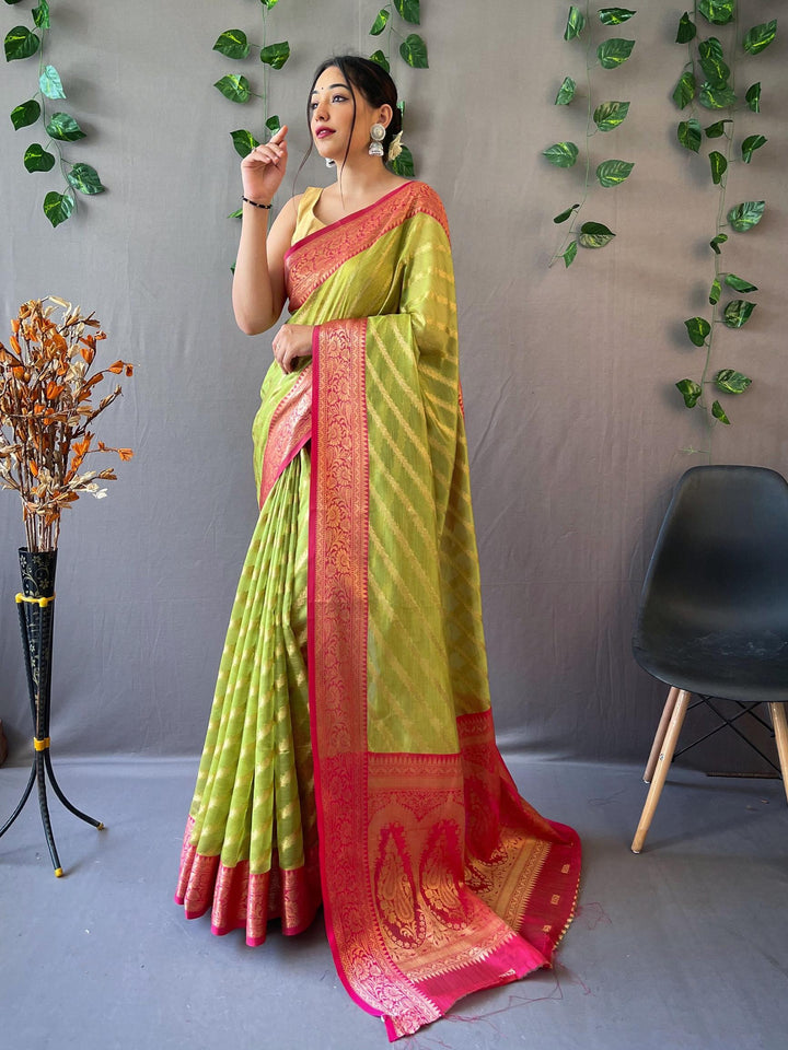 Pista Green Woven Organza Lehriya Saree - PAHRAVA