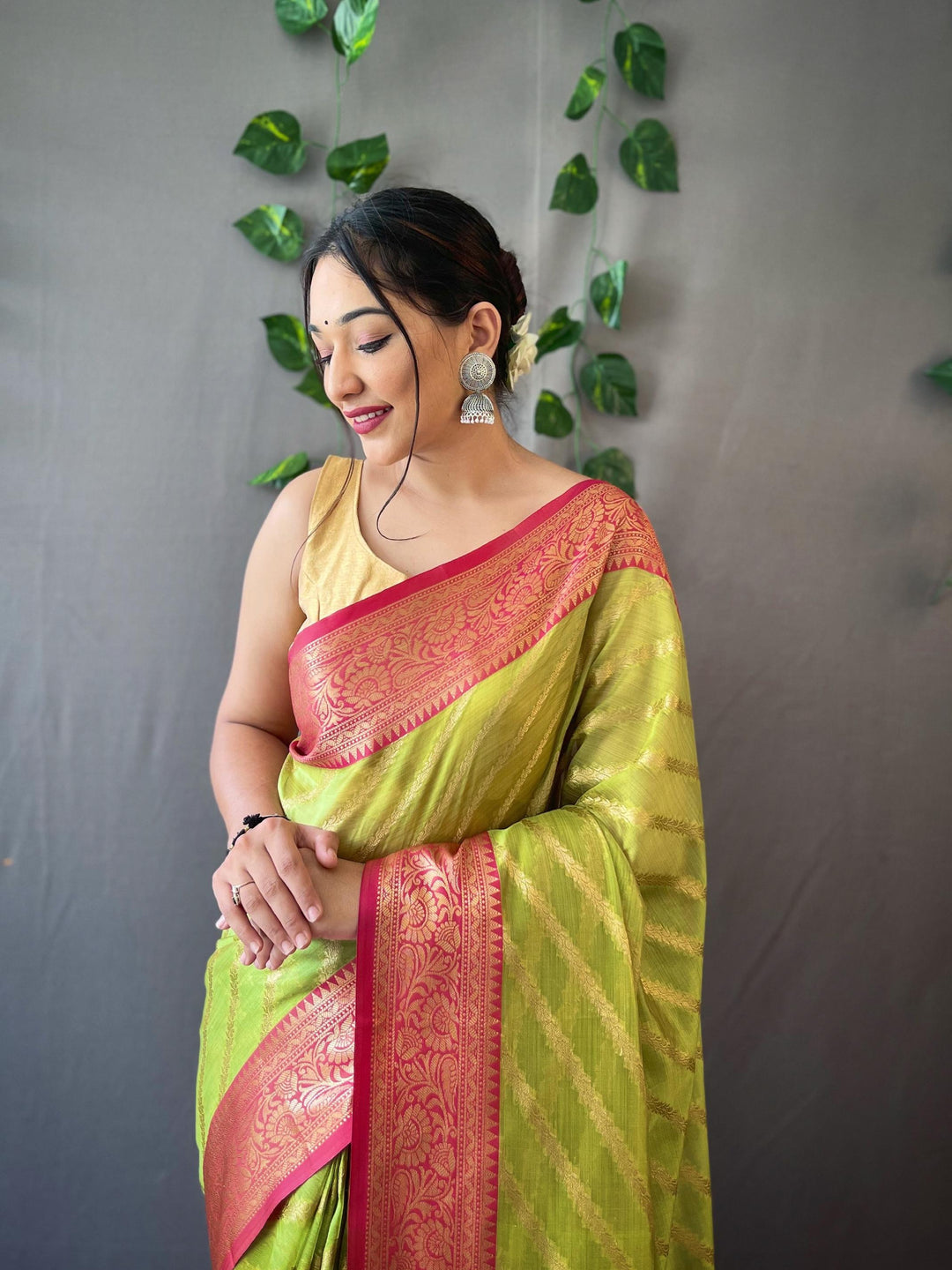 Pista Green Woven Organza Lehriya Saree - PAHRAVA