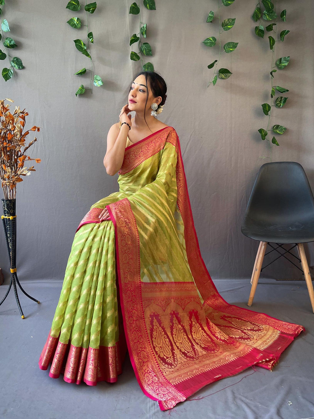 Pista Green Woven Organza Lehriya Saree - PAHRAVA