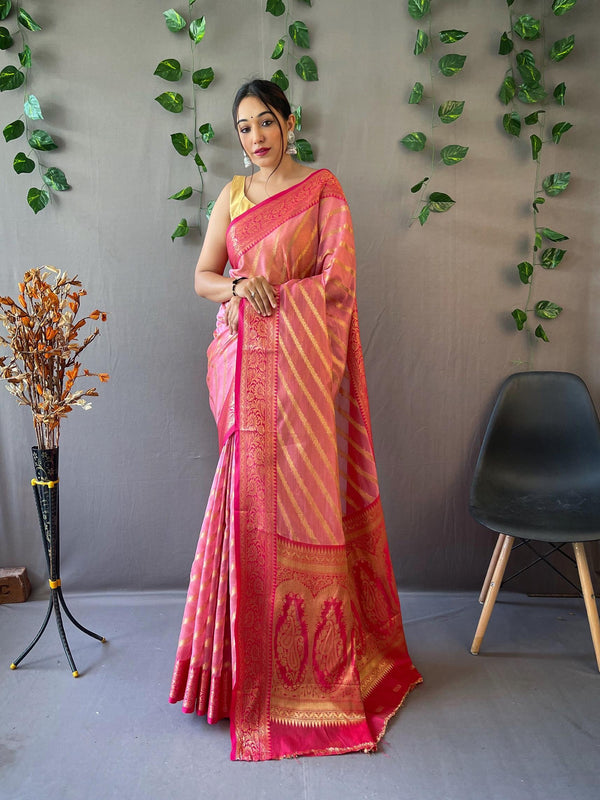 Bright Pink Woven Organza Lehriya Saree - PAHRAVA