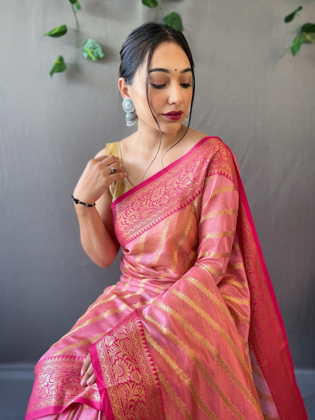 Bright Pink Woven Organza Lehriya Saree - PAHRAVA