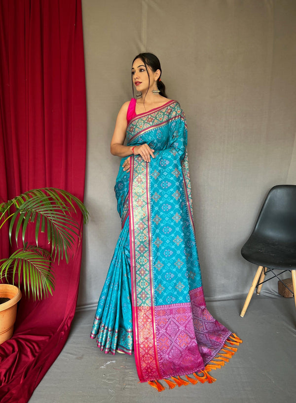 Sea Blue Soft Rangeen Patola Silk Saree - PAHRAVA