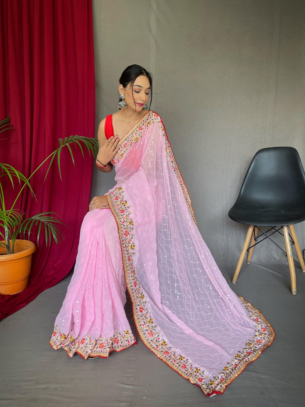 Light  pink  georgette sequin saree - PAHRAVA