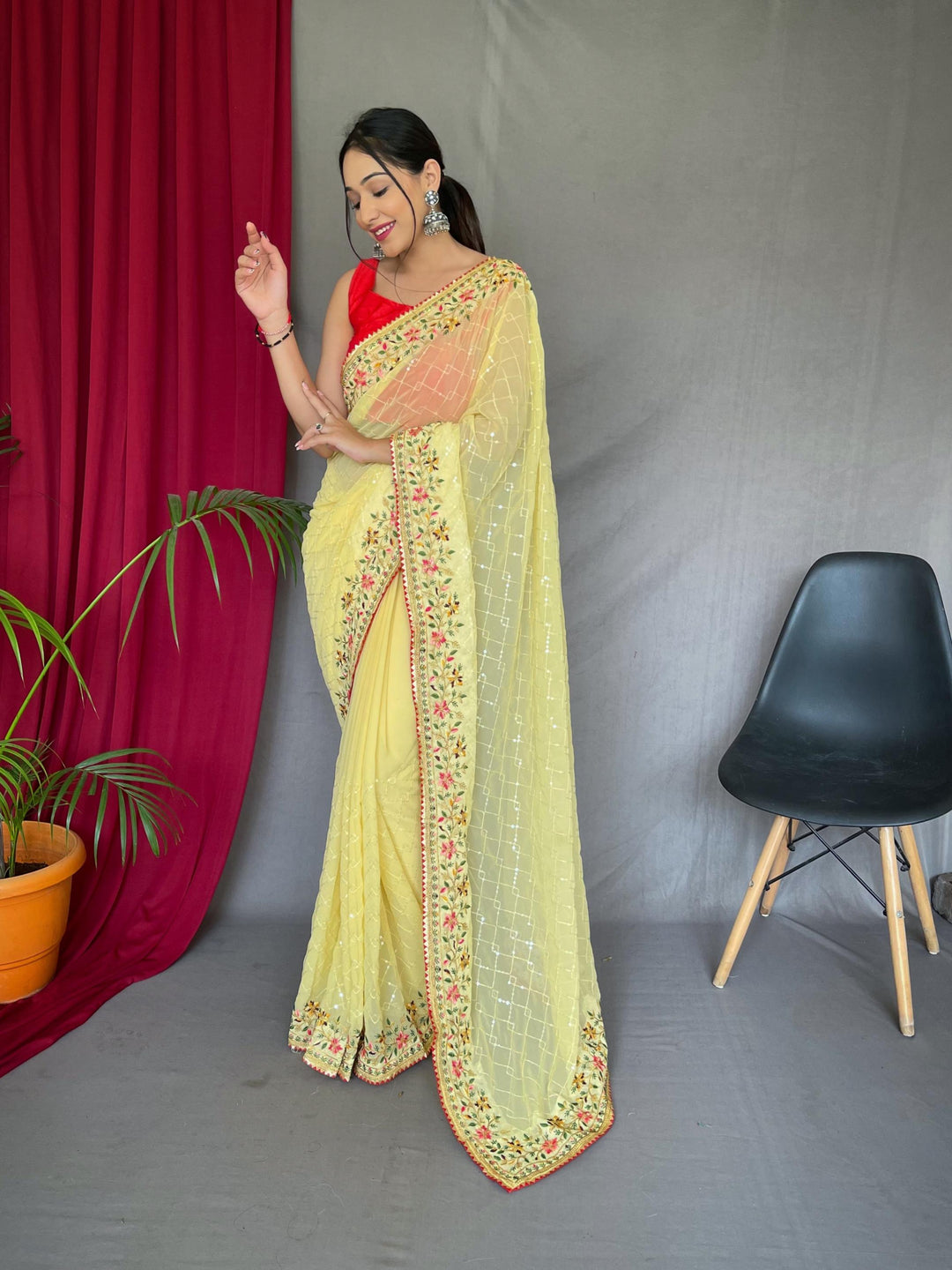 Mango yellow georgette sequin saree - PAHRAVA