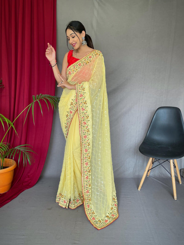 Mango yellow georgette sequin saree - PAHRAVA