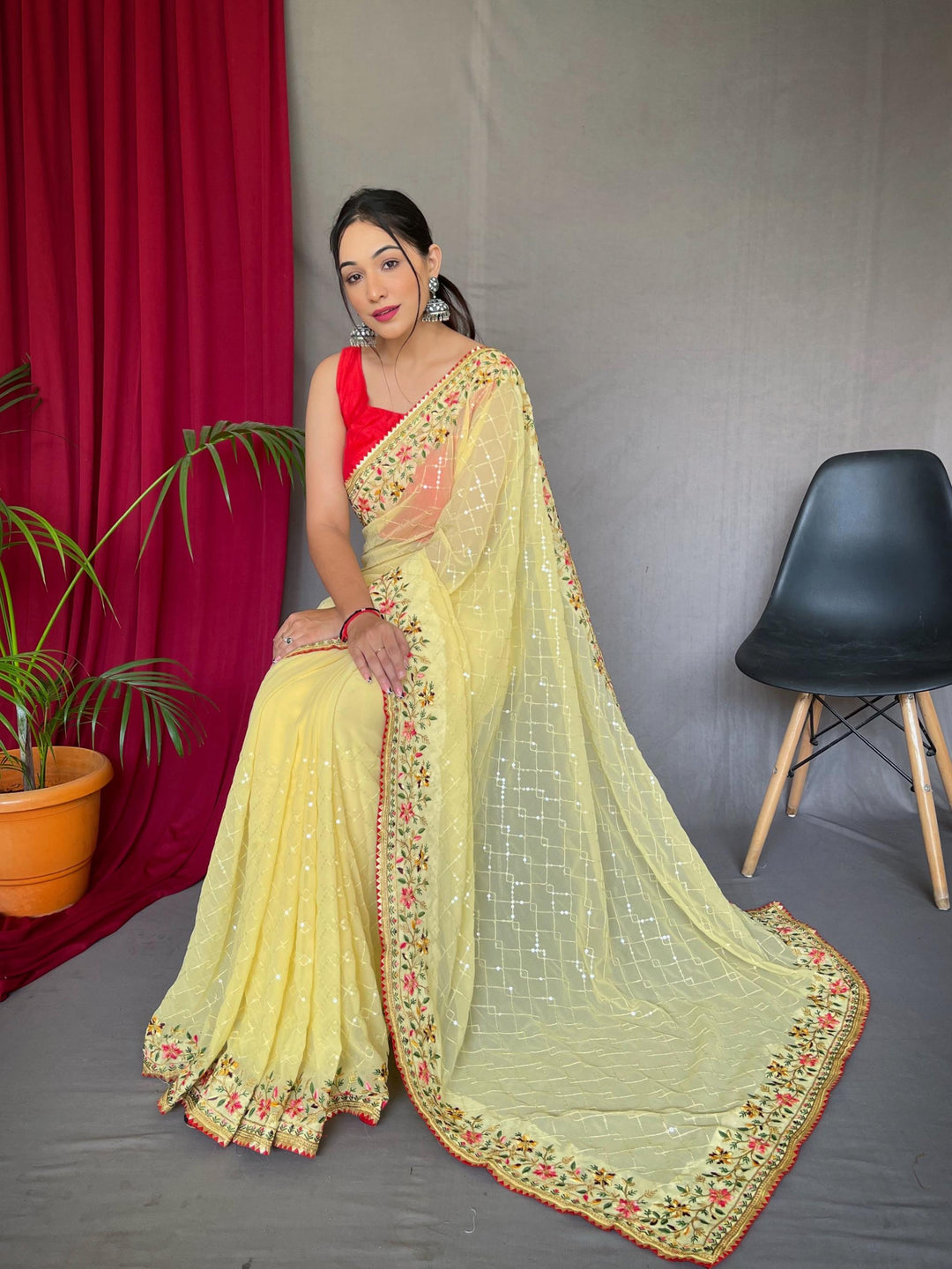 Mango yellow georgette sequin saree - PAHRAVA