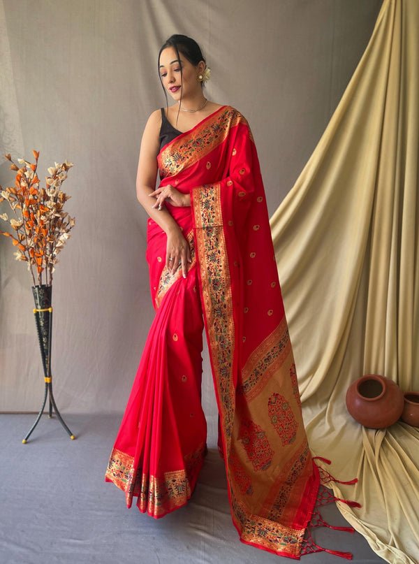 Ruby Red Paithani Soft Silk Saree - PAHRAVA