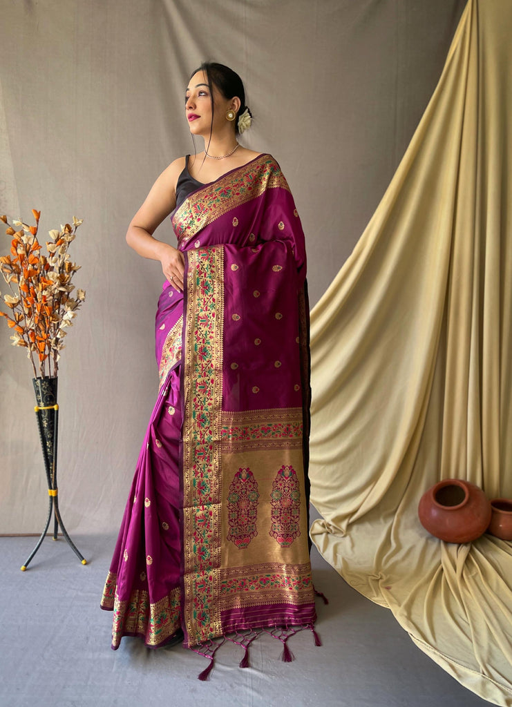 Pure Wine Paithani Soft Silk Saree - PAHRAVA