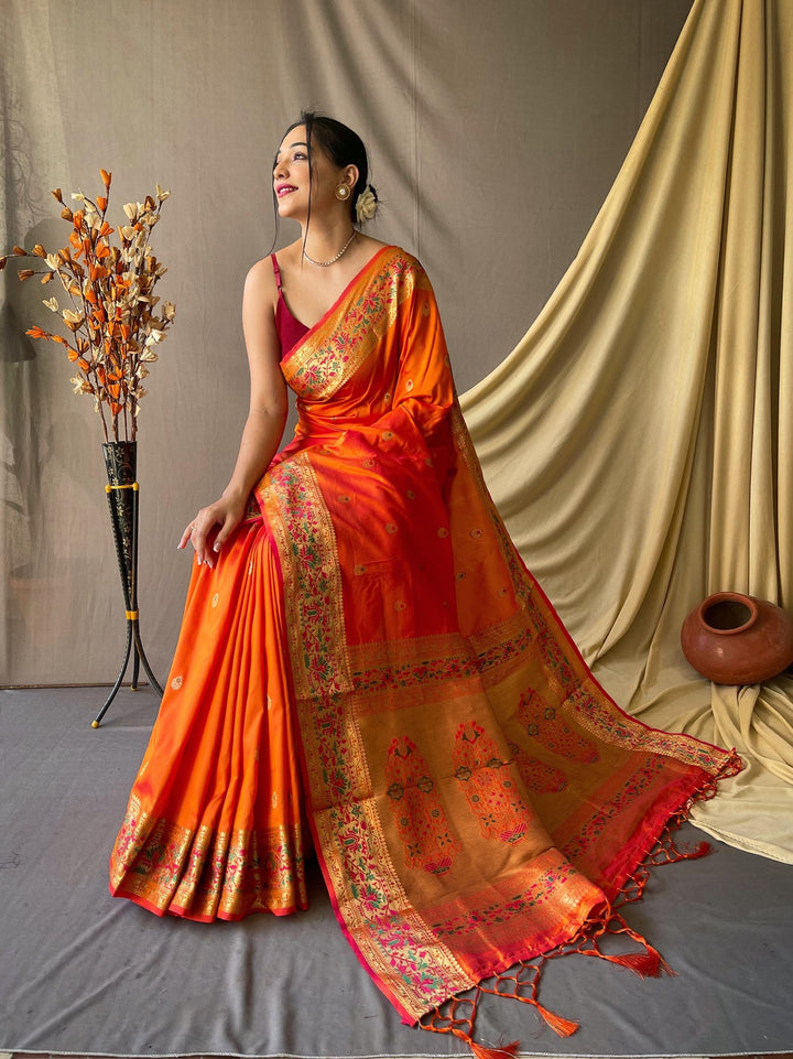 Mustard Orange Paithani Soft Silk Saree - PAHRAVA