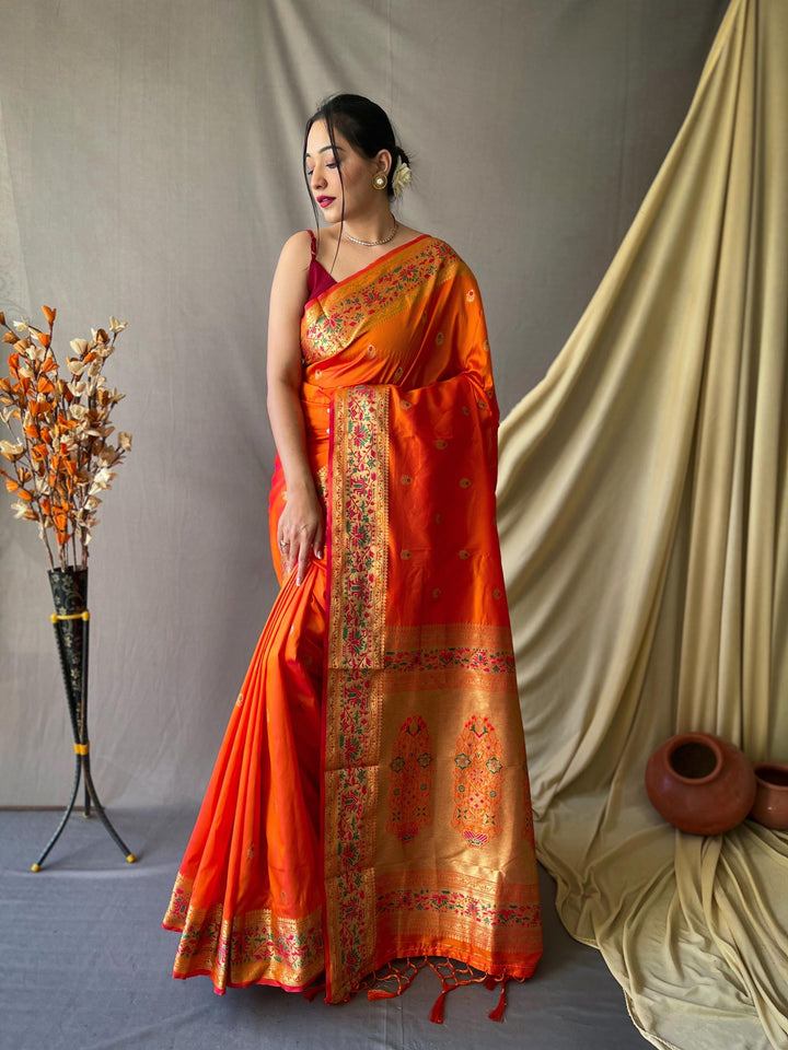 Mustard Orange Paithani Soft Silk Saree - PAHRAVA