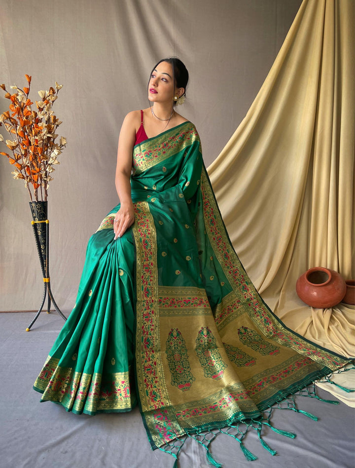 Dark Green Paithani Soft Silk Saree - PAHRAVA