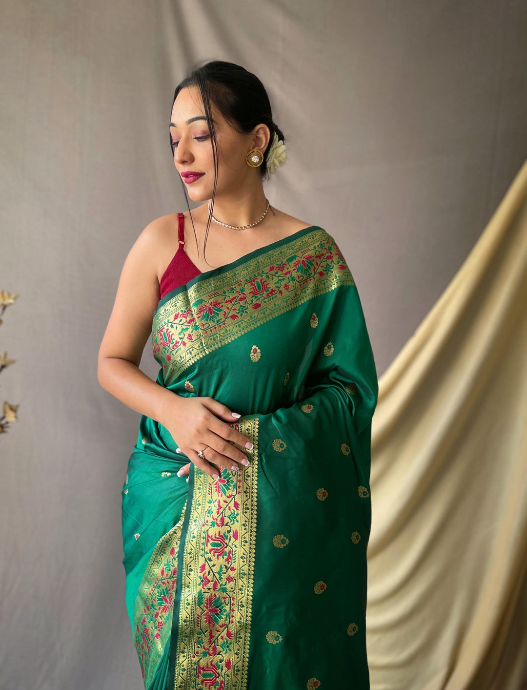 Dark Green Paithani Soft Silk Saree - PAHRAVA