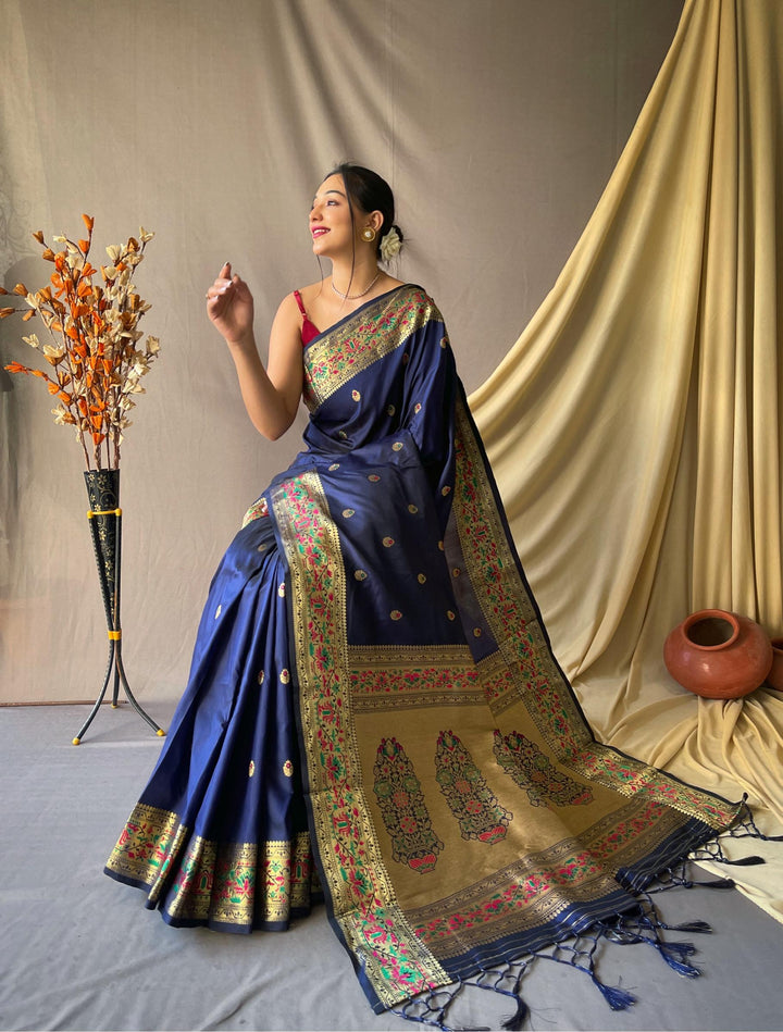 Navy Blue Paithani Soft Silk Saree - PAHRAVA